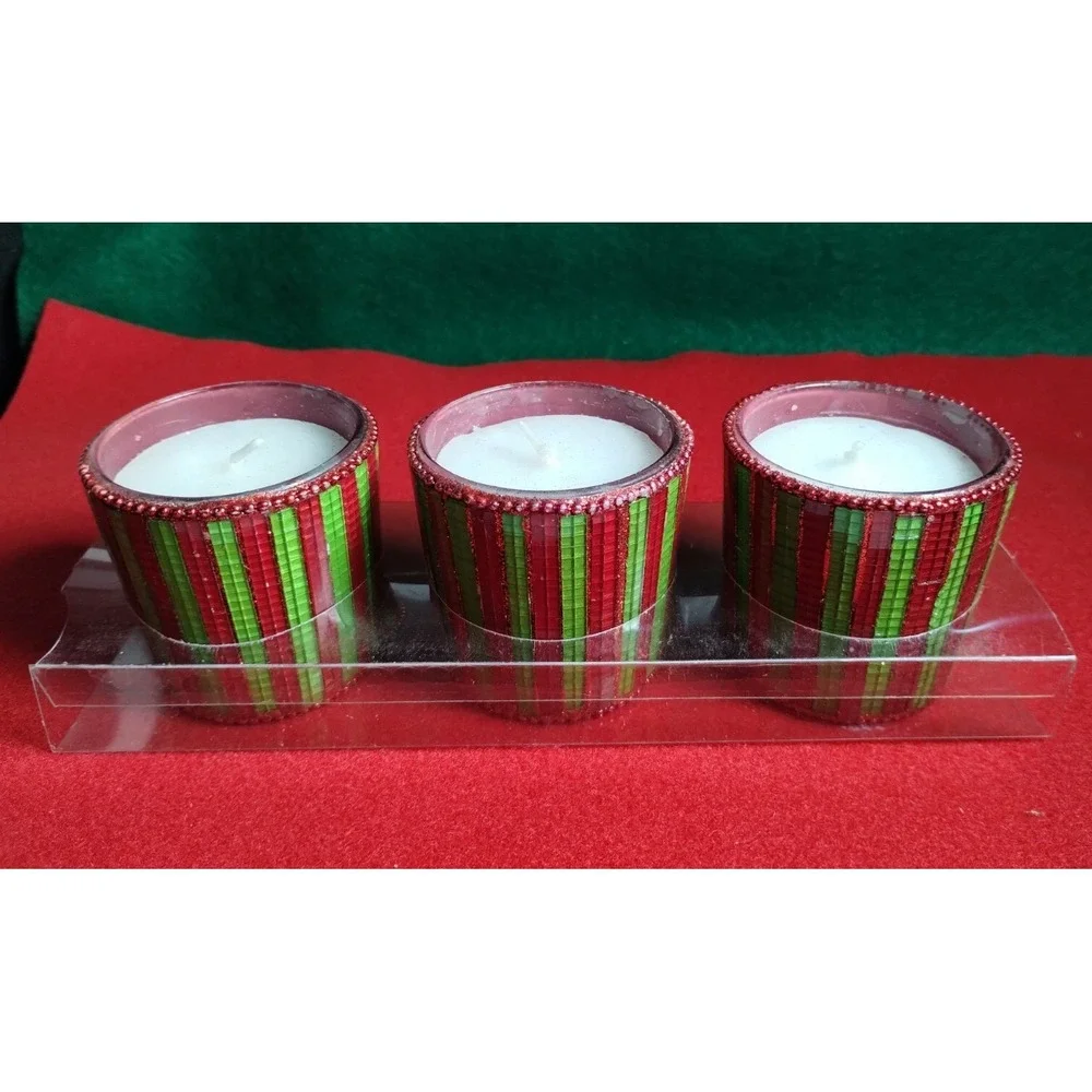Pier 1 Imports Christmas Red & Green Mosaic Stripes Beaded Edge Votive Candles